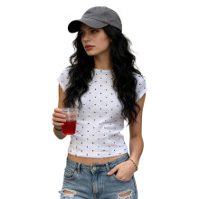 (L, White) Women's Summer T Shirt Fashionable Dot Print Short Sleeve Round Neck Slim Fit Tops