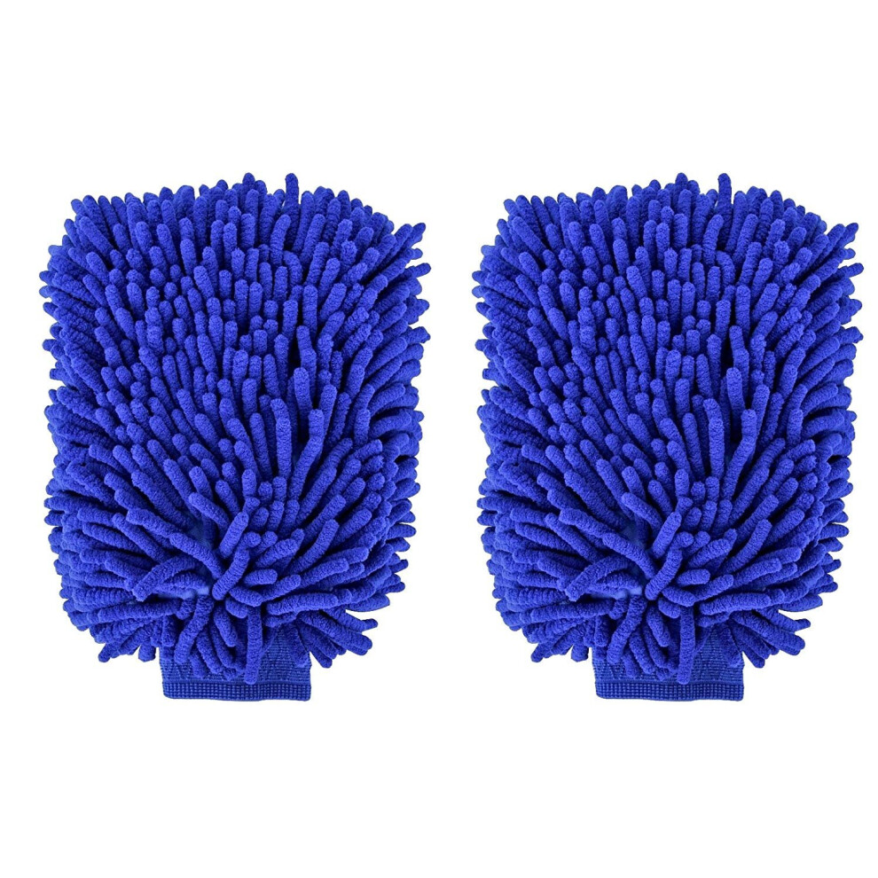 Microfiber Car Wash Mitt 2 Pack Double Sided Chenille Scratch Ultra Absorbent Lint Cleaning Glove Blue 9351714607209