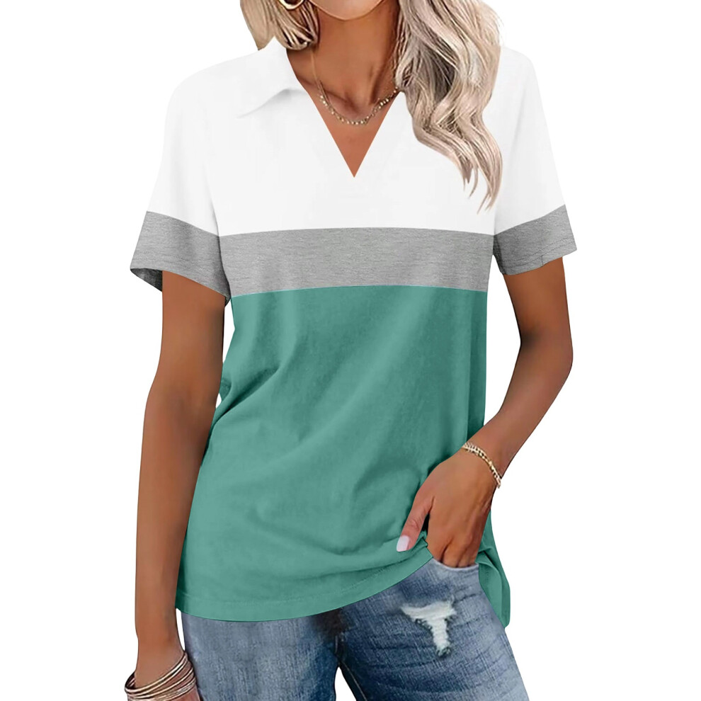 Turquoise Women's Shirts Short Sleeve V Neck Tops Business- S