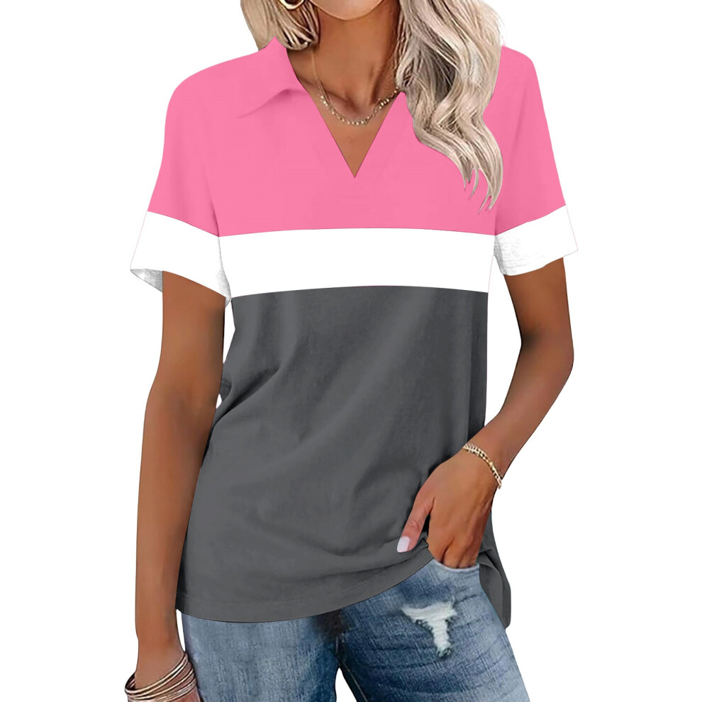 Pink Women's Shirts Short Sleeve V Neck Tops Business Casual- L