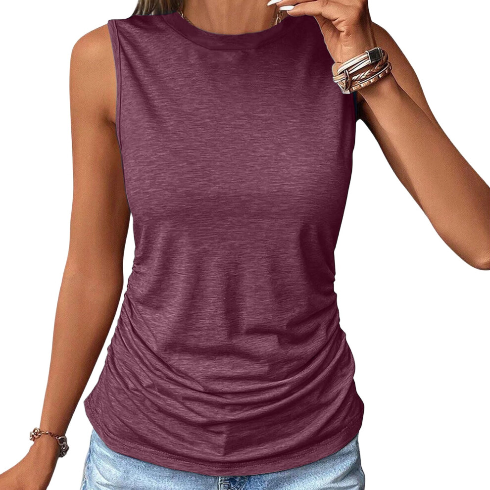 Fuchsia Womens Ruched Tops Crewneck Sleeveless Shirts- Xxl