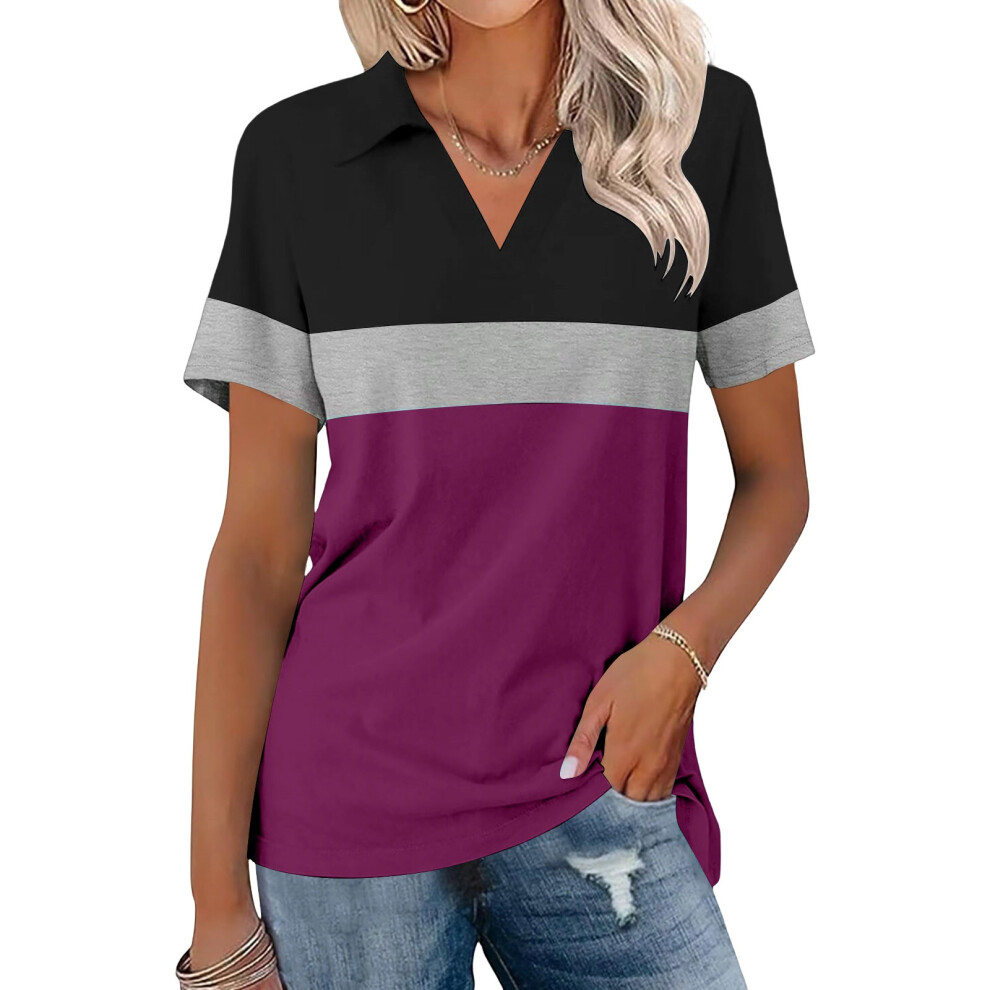 Purple Women's Shirts Short Sleeve V Neck Tops Business- Xl