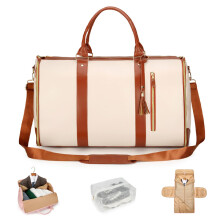 2 in 1 Foldable Travel Duffle Bag with Wrinkle Garment Storage, Lightweight Beige Weekender Carry On