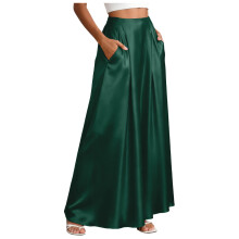 Trendy High Waist Swing Skirt Soft Satins A Line Solid-Green XL