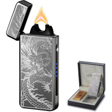 Electric Plasma Lighter USB Rechargeable Dual Arc Windproof with LED Battery Indicator for Outdoor (Black Dragon)