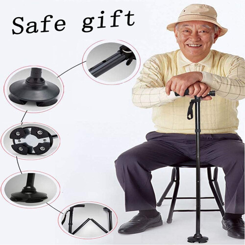 Foldable Seat Cane with LED Light, Adjustable Height, 360 Rotation, Sponge Grip for Seniors 2