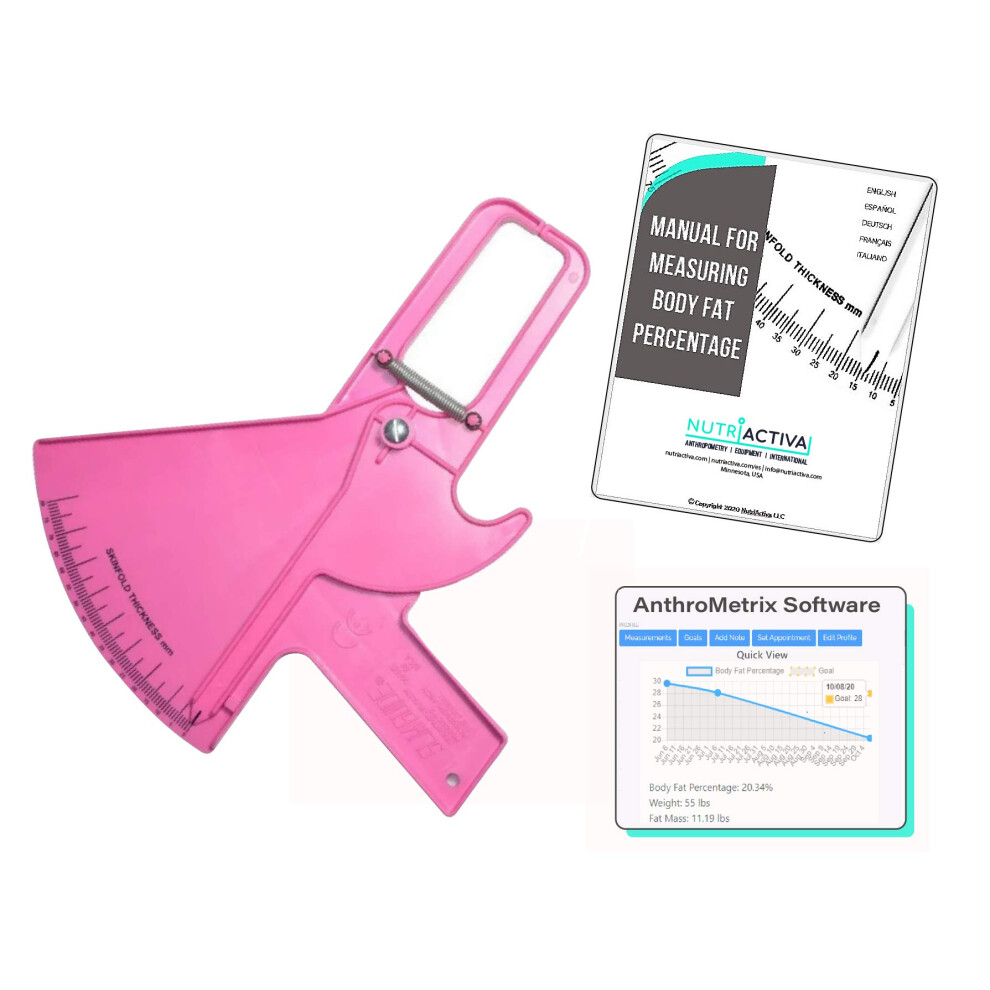 Pink Body Fat Caliper with Software, Constant Pressure Accuracy, Skinfold Caliper for Home and Gym Use