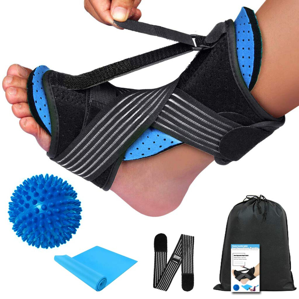 Plantar Fasciitis Night Splint Foot Drop Orthotic Brace with Adjustable Dorsiflexion Angle and Breathable Sleep Support (Blue2)