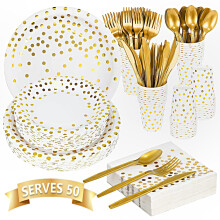 Gold Disposable Dinnerware Set for 50 Guests, 350PCS HeavyDuty Gold Party Supplies with Plates, Cups and Napkins