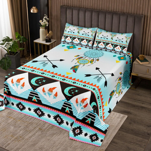 Boho Patchwork Quilt Set Twin Size Light Blue Floral Lightweight Bedspread for All Seasons