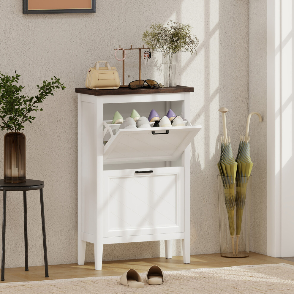 Homcom Shoe Cabinet With 2 Flip Drawers, Narrow Shoe Storage Cabinet, White