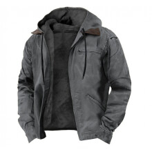 (Gray, XXXL) Solid Color Hooded Fleece Jacket for Men