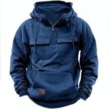 (Dark Blue, XXXL) Youth Faux Leather Hoodie Jacket with Pockets