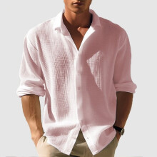 (Pink, M) Men's Solid Waffle Long Sleeve Casual Shirt Cardigan