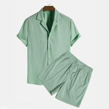 (Teal, M) Men's Corduroy Short Sleeve & Shorts Set - Casual Beach Outfit