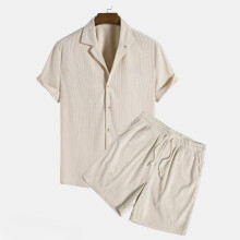 (Apricot, 3XL) Men's Corduroy Short Sleeve & Shorts Set - Casual Beach Outfit