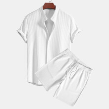(Solid white, L) Men's Colorful Ribbed Short Sleeve & Shorts Set