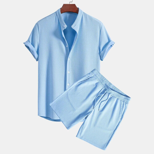 (Solid light blue, S) Buntes Herren-Set aus geripptem Kurzarmhemd und Shorts