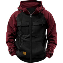 (Black, XL) Youth Hooded Color-Block Sweatshirt with Pockets & Faux Leather