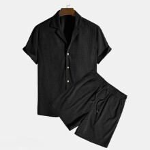 (Black, L) Men's Corduroy Short Sleeve & Shorts Set - Casual Beach Outfit