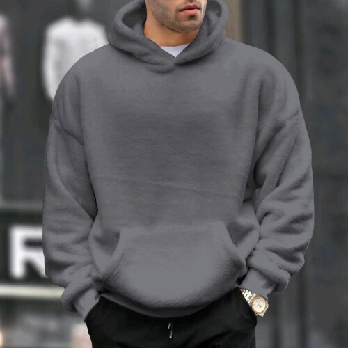(Gray, L) Winter Fleece Hoodie Men's Lamb Wool Pullover