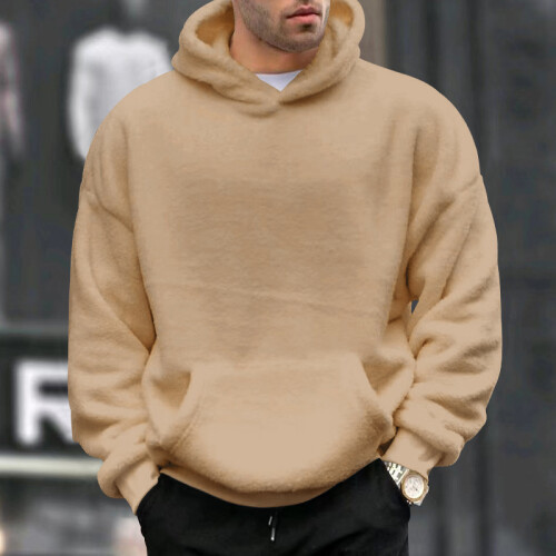 (Dark Brown, M) Winter Fleece Hoodie Men's Lamb Wool Pullover 2