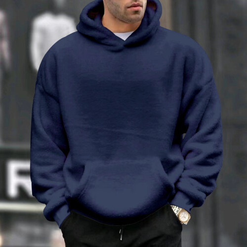 (Navy Blue, XL) Winter Fleece Hoodie Men's Lamb Wool Pullover