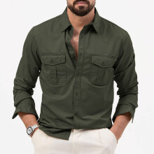 (Army Green, L) Men's Multi-Pocket Long Sleeve Casual Shirt