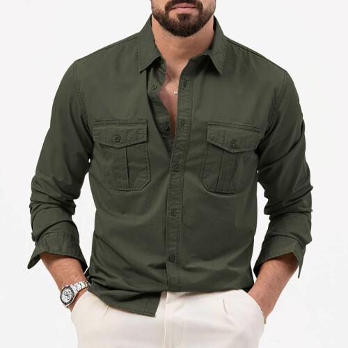 (Army Green, S) Camicia casual da uomo a maniche lunghe con multitasche