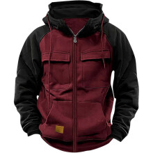 (Burgundy, M) Youth Hooded Color-Block Sweatshirt with Pockets & Faux Leather