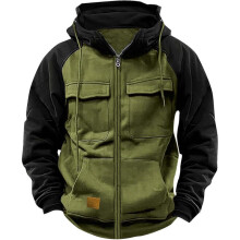 (Army Green, S) Youth Hooded Color-Block Sweatshirt with Pockets & Faux Leather