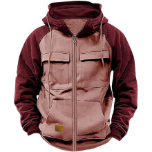 (Pink, XXL) Youth Hooded Color-Block Sweatshirt with Pockets & Faux Leather