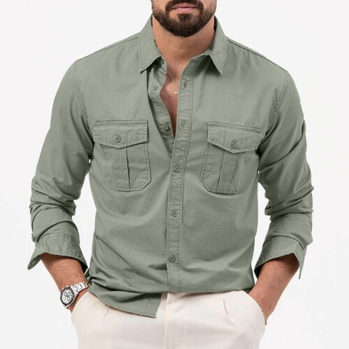 (Army Green, S) Camicia casual da uomo a maniche lunghe con multitasche 2