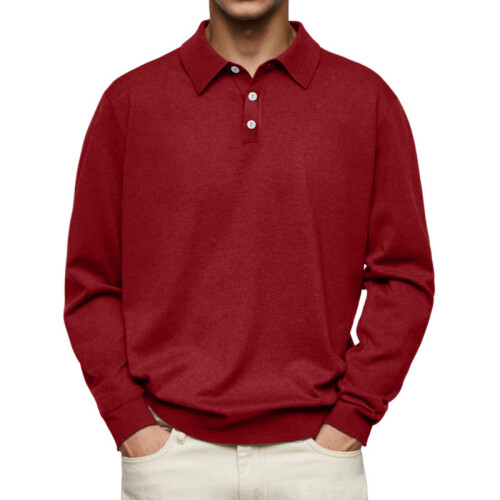 (Red, L) Camicia casual da uomo autunnale con scollo a V e bottoni