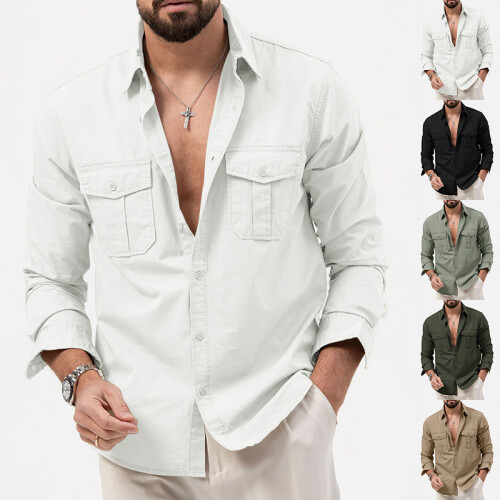(Khaki, XL) Camicia casual da uomo a maniche lunghe con multitasche 1