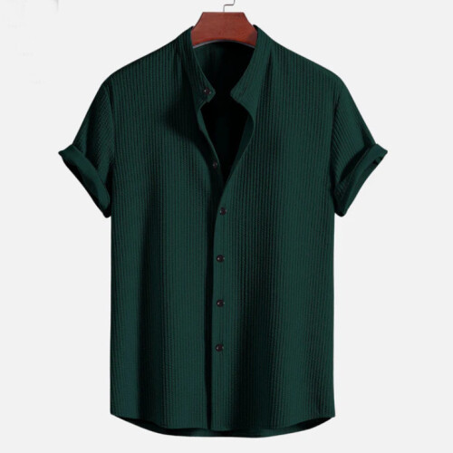 (Dark Green, XXL) Men's Solid Color Summer Short Sleeve Shirt 2