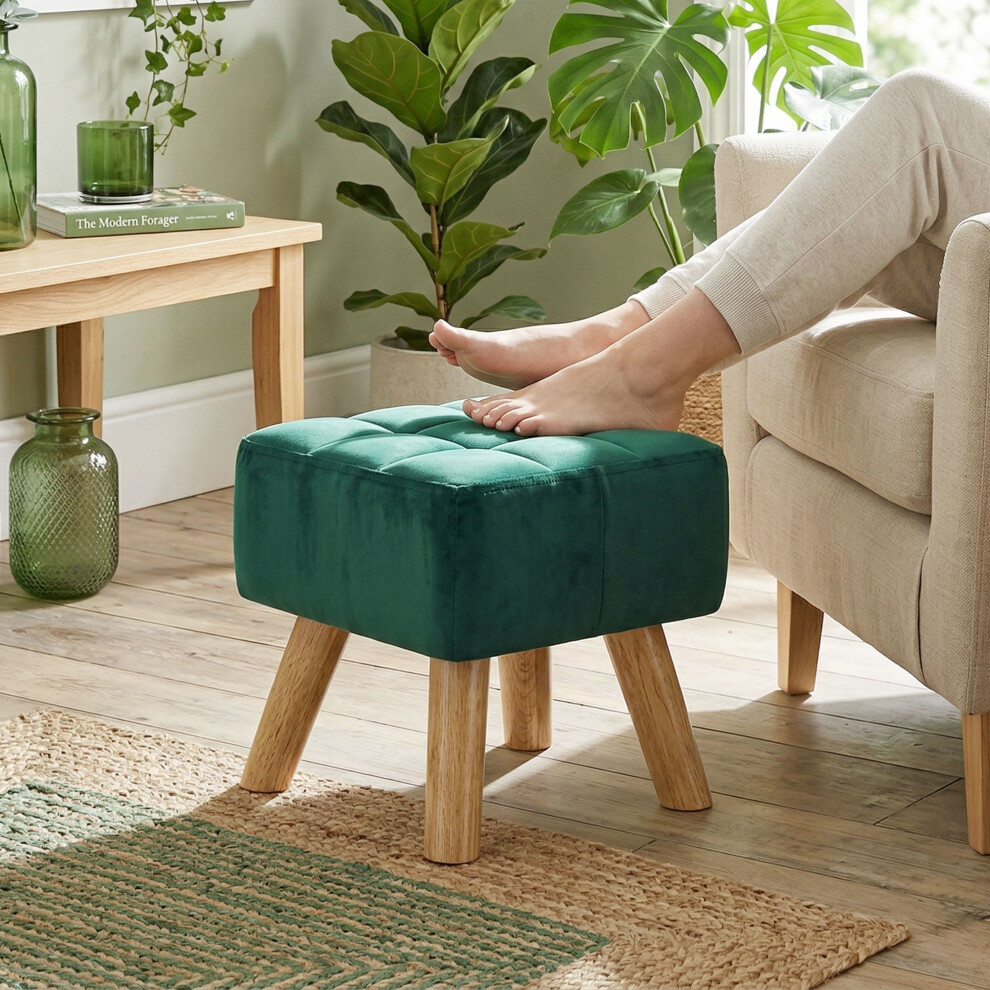 Homcom Modern Footstool, Fabric Foot Rest With Rubber Wood Legs, Dark Green