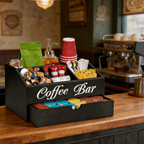 Multifunctional Coffee Bar Storage Box With Large-Black 1