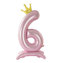 Pink Number 6 Balloon with Crown and Base for Girls 6th Birthday Party, Self Standing Foil Decoration