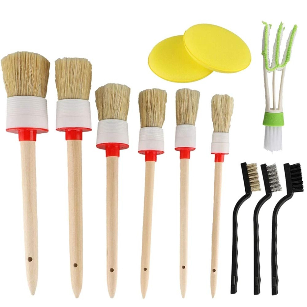 12ÂPiece Car Detailing Brush Set, Natural Boar Bristles With Ergonomic Wood Handle For Auto Cleaning 9073542138266
