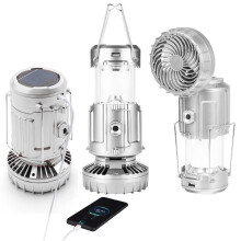 USB Rechargeable Camping Lantern with Fan, Solar and Battery Powered LED Light for Outdoor and Emergency Use (Silver)