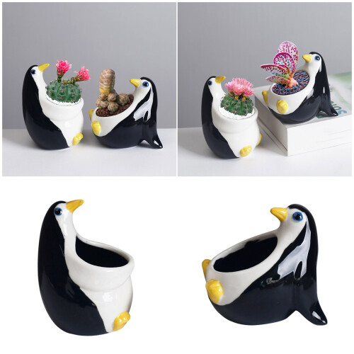 Fleischiger Blumentopf aus Keramik, Tierform,-Pinguin liegt 2