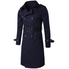 (2XL, Dark Blue) Mens Slim Fit Belt Double Breasted Trench Coat