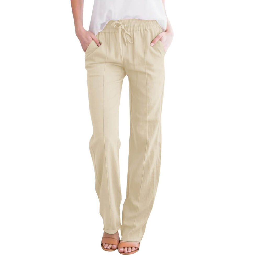 Womens Cotton Linen Palazzo Pants Drawstring Elastic-Apricot L