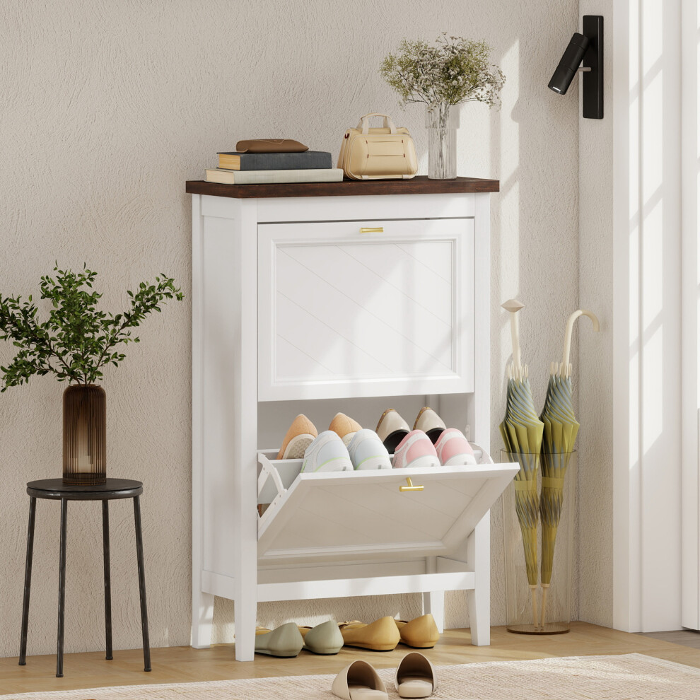 Homcom Shoe Cabinet With 2 Flip Drawers, Narrow Shoe Storage Cabinet, White