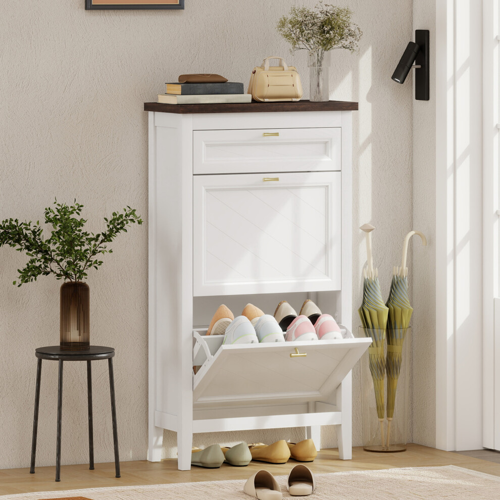 Homcom Shoe Cabinet With 2 Flip Drawers, Narrow Shoe Storage Cabinet, White