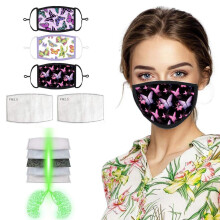 Reusable Washable Face Mask for Adults, 3pcs Butterfly Print with Filters, Breathable 3‑Layer Protection