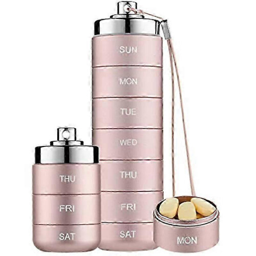 (Pink) Metal Pill Organizer Weekly,Stackable Waterproof Travel Pill Box,Pill Case Container,7 Day Daily Med