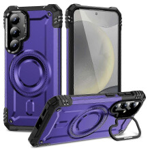 (Purple) Galaxy S24 Magnetic Case with Lens Kickstand - Shockproof PC TPU Phone Cover in Red