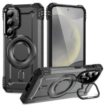 (Grey) Galaxy S24 Magnetic Case with Lens Kickstand - Shockproof PC TPU Phone Cover in Red